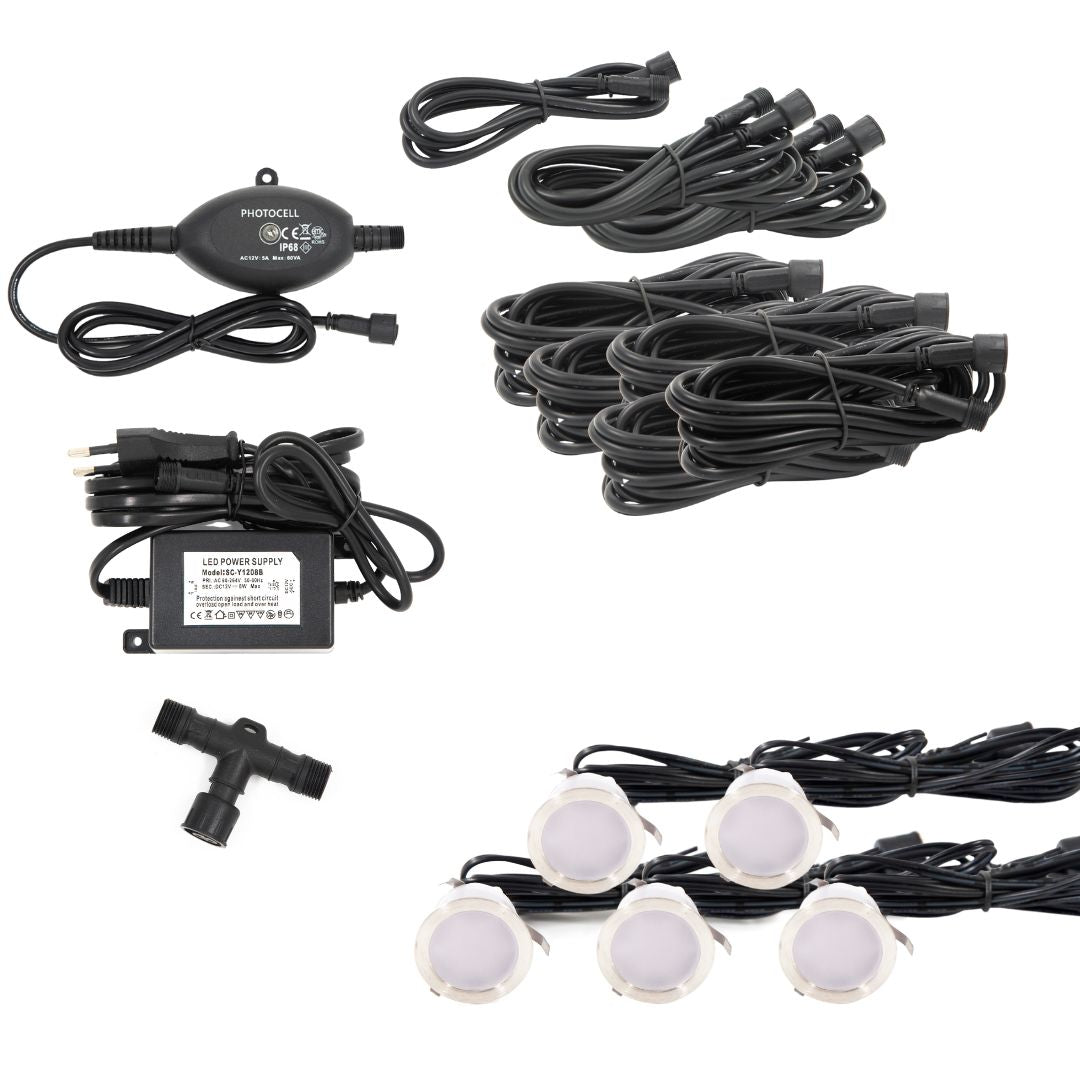 Cosmos i rustfrit stål - 5 stk Indbygningsspot samlet kit/Skumringsrelæ -