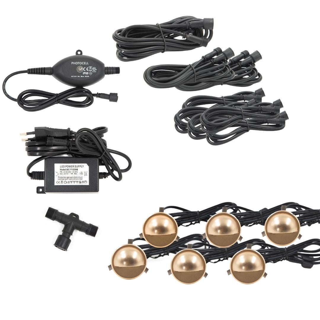 Saga i messing look - 6 stk Indbygningsspot samlet kit/Skumringsrelæ