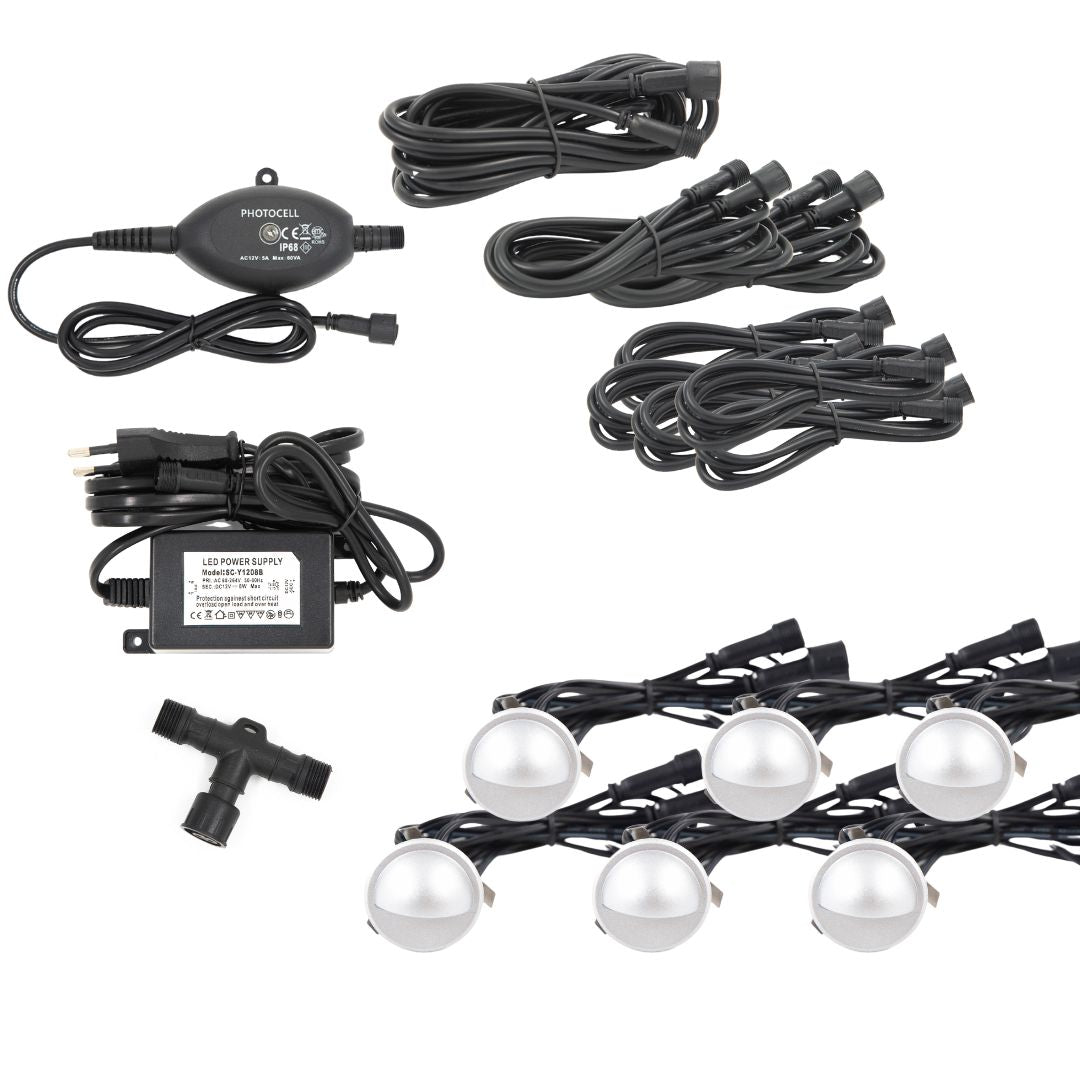 Saga i sølvfarvet look - 6 stk Indbygningsspot samlet kit/Skumringsrelæ