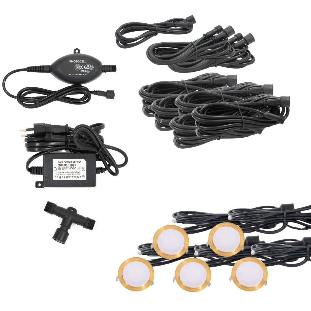 Cosmos i messing - 5 stk Indbygningsspot samlet kit/Skumringsrelæ -