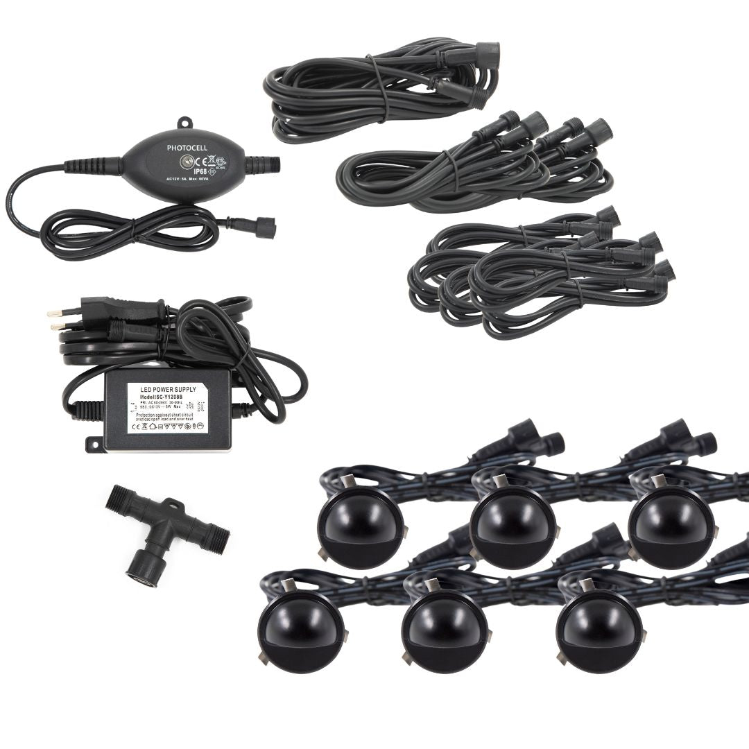 Saga i sort - 6 stk Indbygningsspot samlet kit/Skumringsrelæ