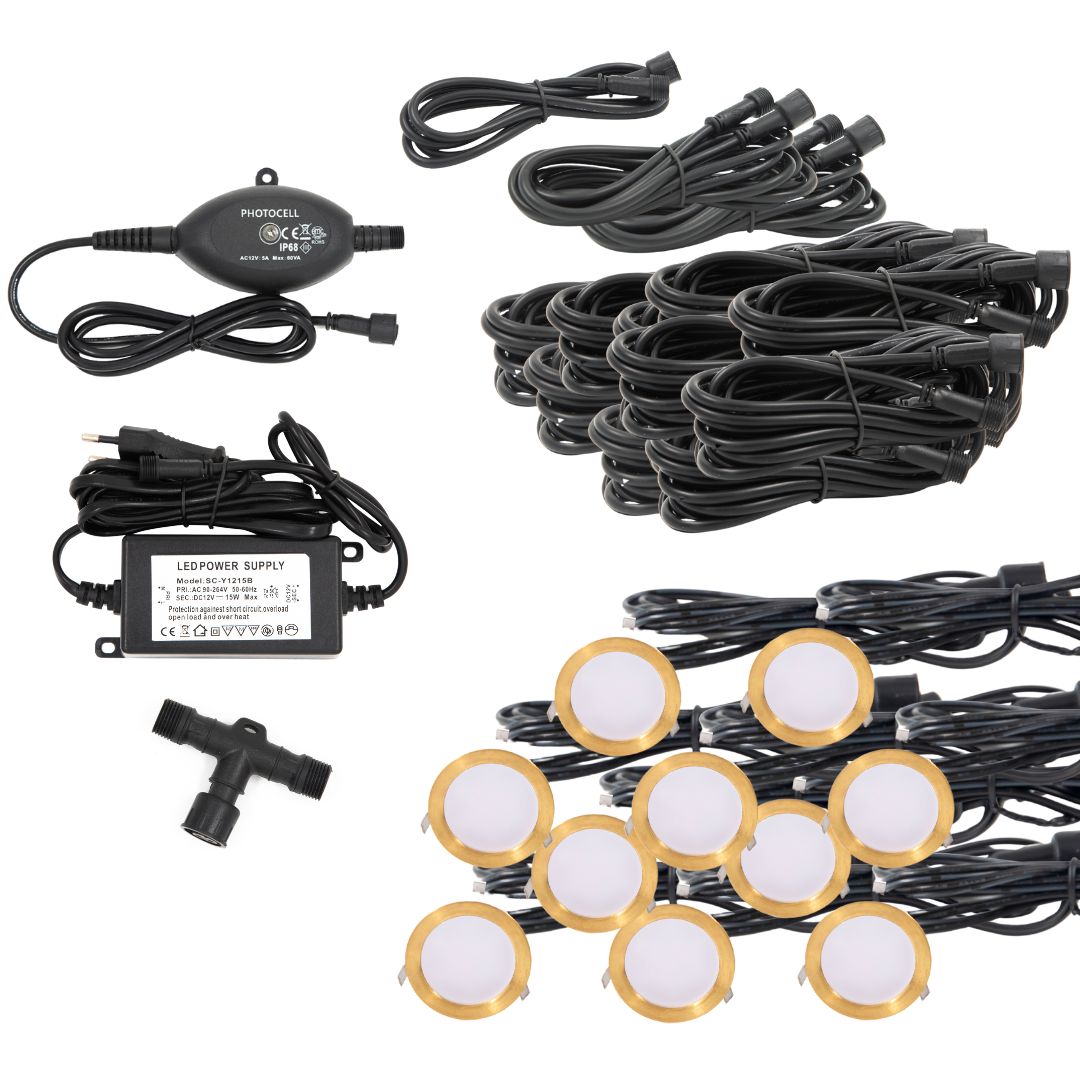 Cosmos i messing - 10 stk Indbygningsspot samlet kit/Skumringsrelæ -