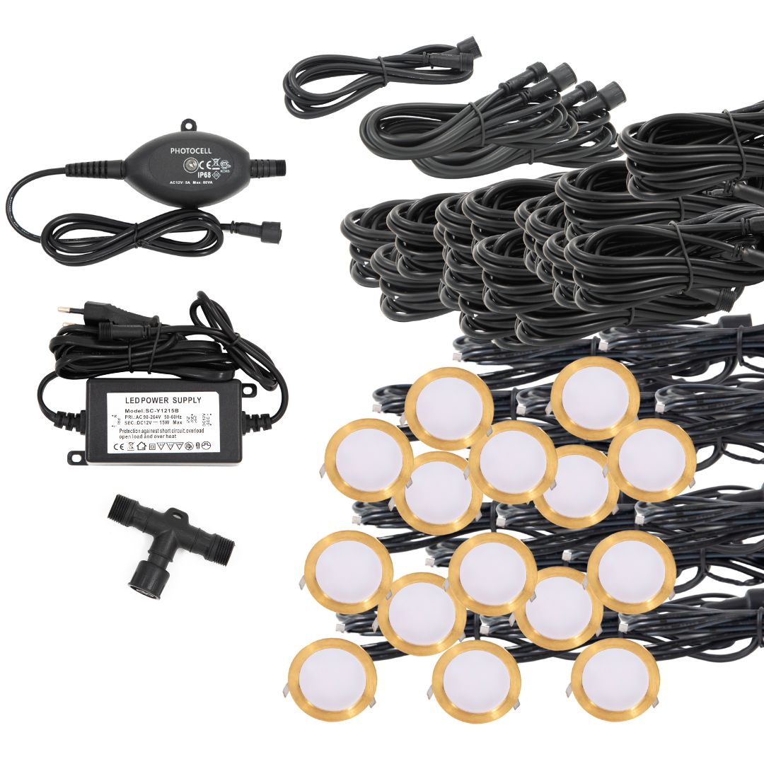 Indbygningsspot samlet kit/Skumringsrelæ - Cosmos i messing - 15 stk