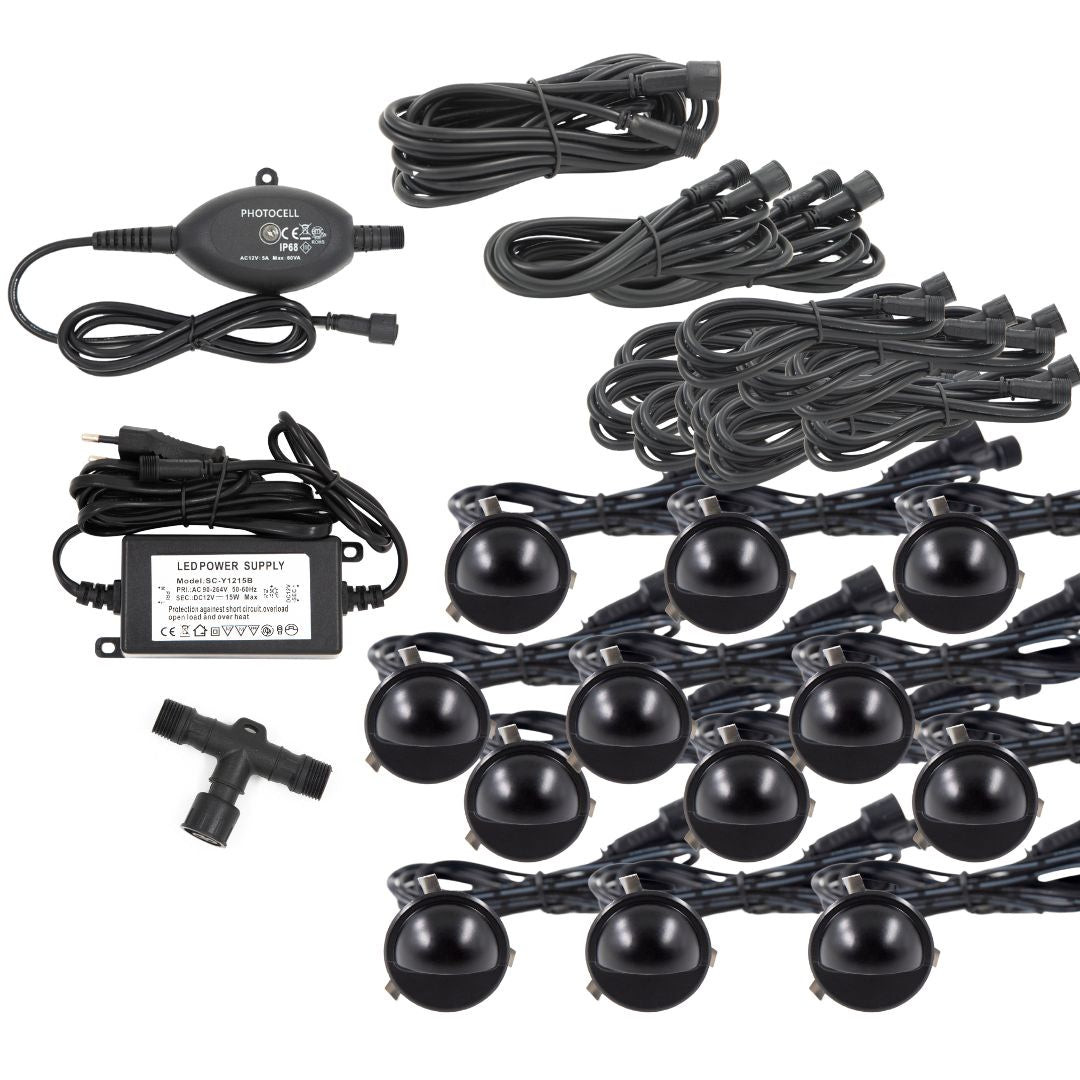 Saga i sort - 12 stk Indbygningsspot samlet kit/Skumringsrelæ