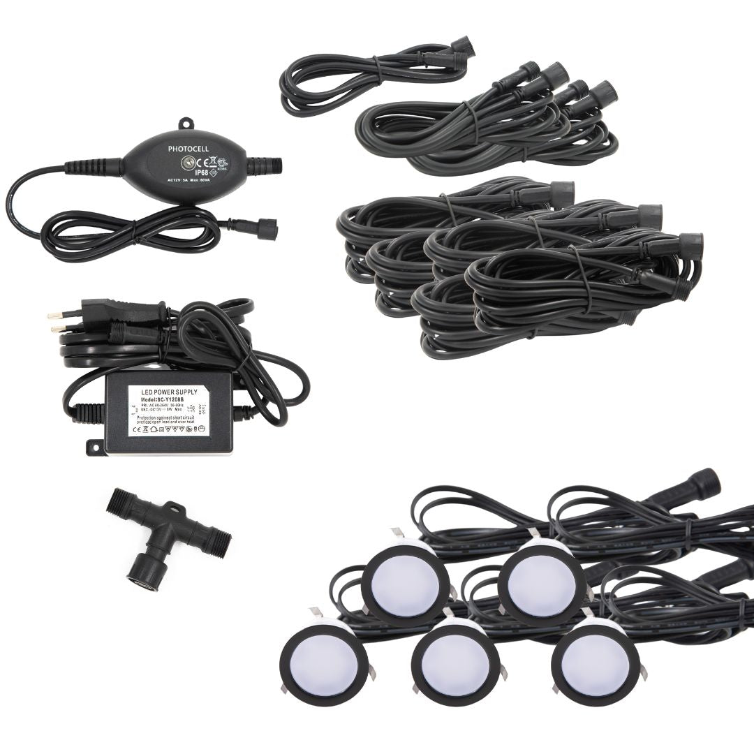 Cosmos i sort - 5 stk Indbygningsspot samlet kit/Skumringsrelæ -