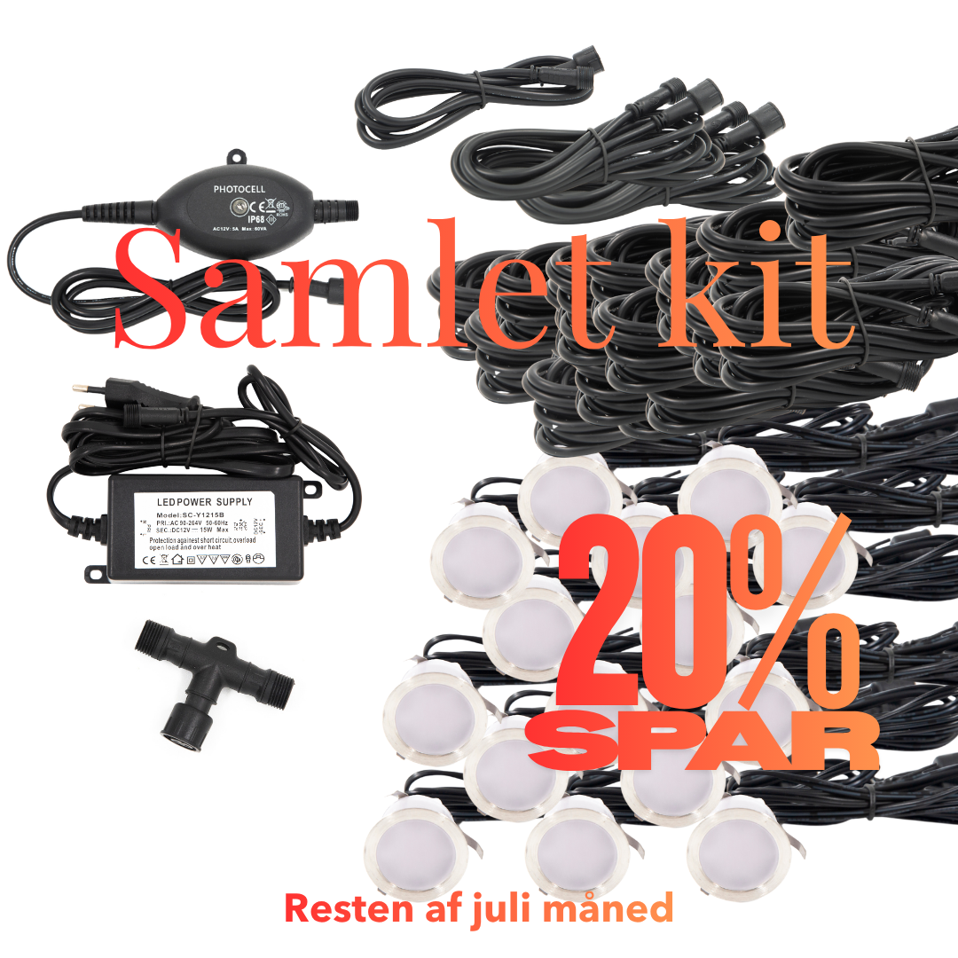 Cosmos i rustfrit stål - 15 stk Indbygningsspot samlet kit/Skumringsrelæ -