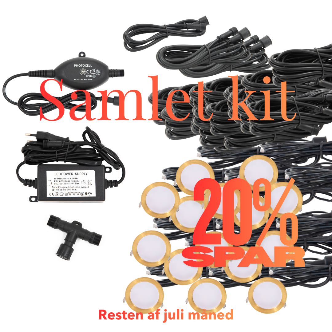 Cosmos i messing - 15 stk Indbygningsspot samlet kit/Skumringsrelæ -